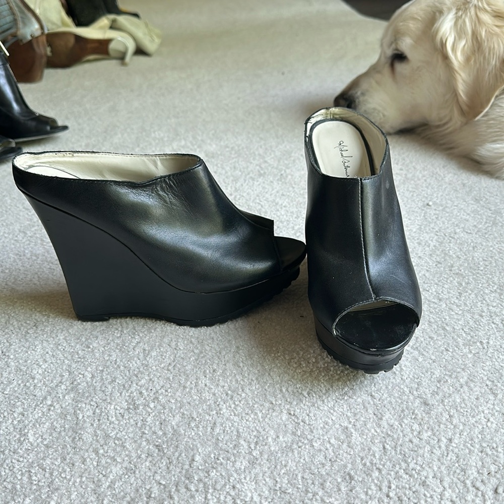 Black leather wedges
